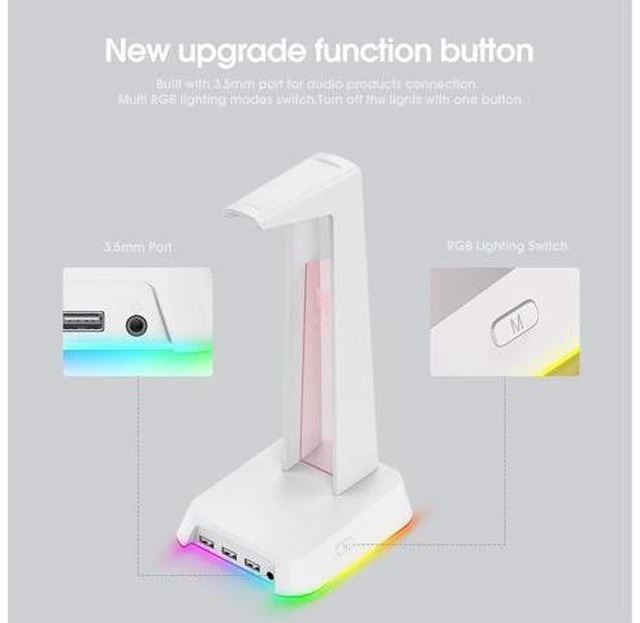 Alt view image 4 of 7 - RGB Gaming Headphone Stand Computer Headset Desktop Display Holder Luminous Logo with 3 USB and 3.5mm Audio Ports