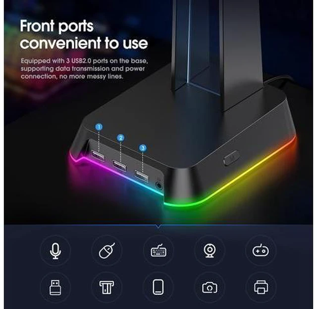 Alt view image 5 of 7 - RGB Gaming Headphone Stand Computer Headset Desktop Display Holder Luminous Logo with 3 USB and 3.5mm Audio Ports