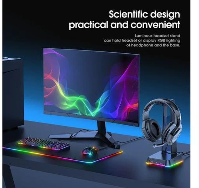 Alt view image 6 of 7 - RGB Gaming Headphone Stand Computer Headset Desktop Display Holder Luminous Logo with 3 USB and 3.5mm Audio Ports