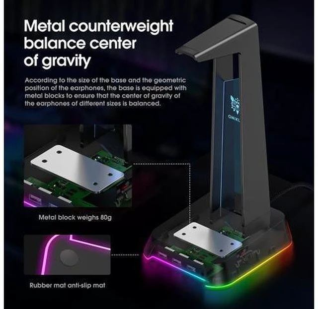 Alt view image 7 of 7 - RGB Gaming Headphone Stand Computer Headset Desktop Display Holder Luminous Logo with 3 USB and 3.5mm Audio Ports