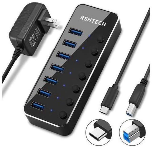 Main image of Powered USB HUB RSHTECH Type C to 7 Port USB 3.0 Hub Aluminum Portable Splitter with Individual On/Off Switches (RSH-518C)