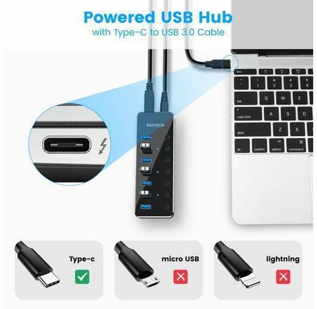 Alt view image 2 of 6 - Powered USB HUB RSHTECH Type C to 7 Port USB 3.0 Hub Aluminum Portable Splitter with Individual On/Off Switches (RSH-518C)
