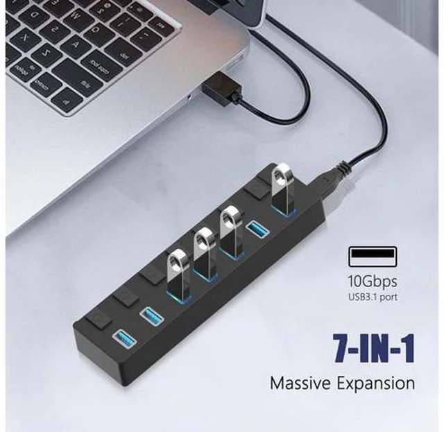 Alt view image 2 of 7 - Powered USB 3.1/3.2 Hub, 7-Port Charging USB 3.1/3.2 Gen 2 Hub, Superspeed USB Splitter up to 10Gbps with Power Adapter and Individual On/Off Switches for PC and Laptop