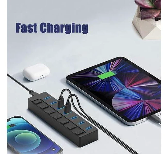 Alt view image 4 of 7 - Powered USB 3.1/3.2 Hub, 7-Port Charging USB 3.1/3.2 Gen 2 Hub, Superspeed USB Splitter up to 10Gbps with Power Adapter and Individual On/Off Switches for PC and Laptop
