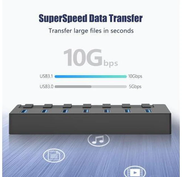 Alt view image 3 of 7 - Powered USB 3.1/3.2 Hub, 7-Port Charging USB 3.1/3.2 Gen 2 Hub, Superspeed USB Splitter up to 10Gbps with Power Adapter and Individual On/Off Switches for PC and Laptop