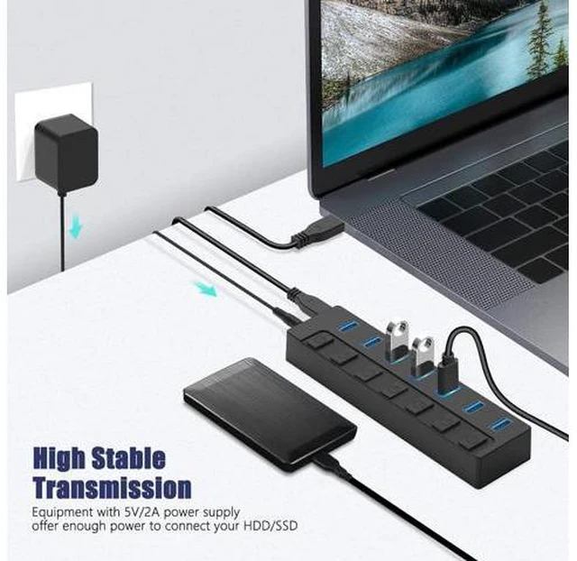 Alt view image 5 of 7 - Powered USB 3.1/3.2 Hub, 7-Port Charging USB 3.1/3.2 Gen 2 Hub, Superspeed USB Splitter up to 10Gbps with Power Adapter and Individual On/Off Switches for PC and Laptop