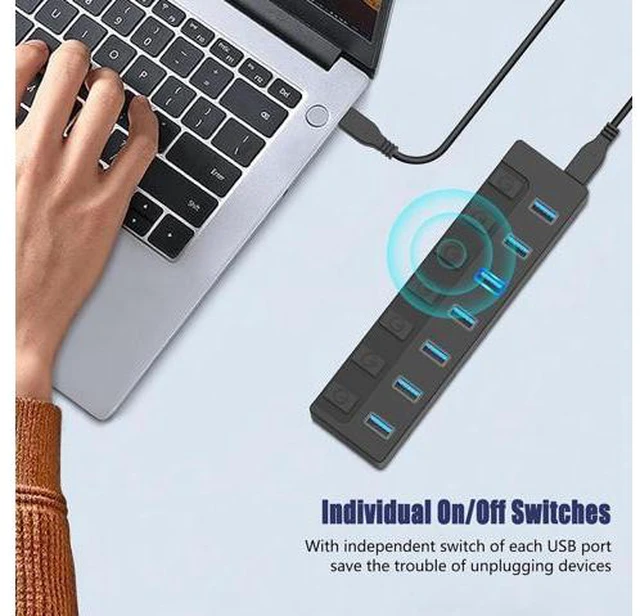 Alt view image 7 of 7 - Powered USB 3.1/3.2 Hub, 7-Port Charging USB 3.1/3.2 Gen 2 Hub, Superspeed USB Splitter up to 10Gbps with Power Adapter and Individual On/Off Switches for PC and Laptop