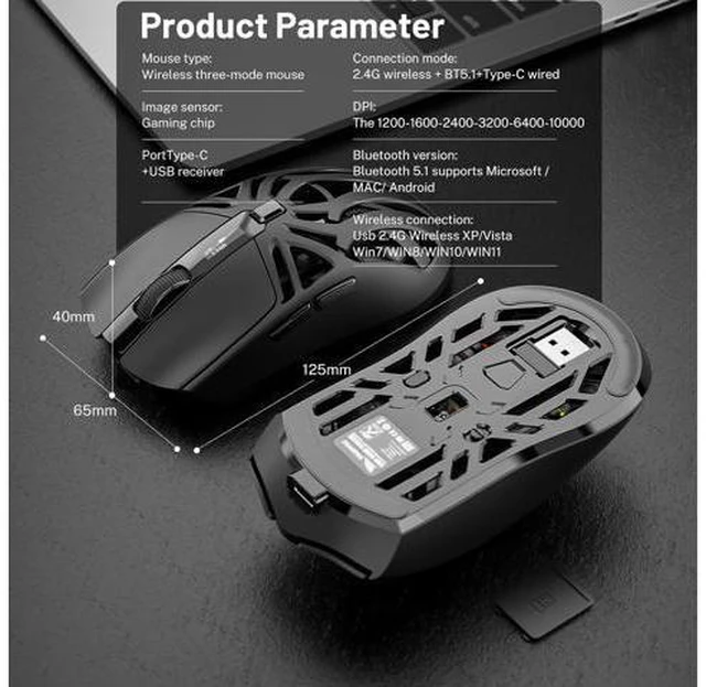 Alt view image 7 of 7 - IHDAPP Wireless Gaming Mouse, 10000 DPI, Tri-Mode 2.4GHz/Bluetooth/Wired Mouse, 6 Buttons, Digital Display, Silent Mice, Rechargeable, Customizable Macro and RGB Backlight for PC/Mac/Laptop (Black)