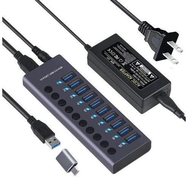 Main image of Powered USB Hub, AUBEAMTO Aluminum 10-Port USB 3.0 Hub with 10 USB 3.0 Data Transfer Ports, USB Splitter with Individual Switch and 60W (12V/5A) Power Adapter for Laptop, PC, Computer, Mobile HDD