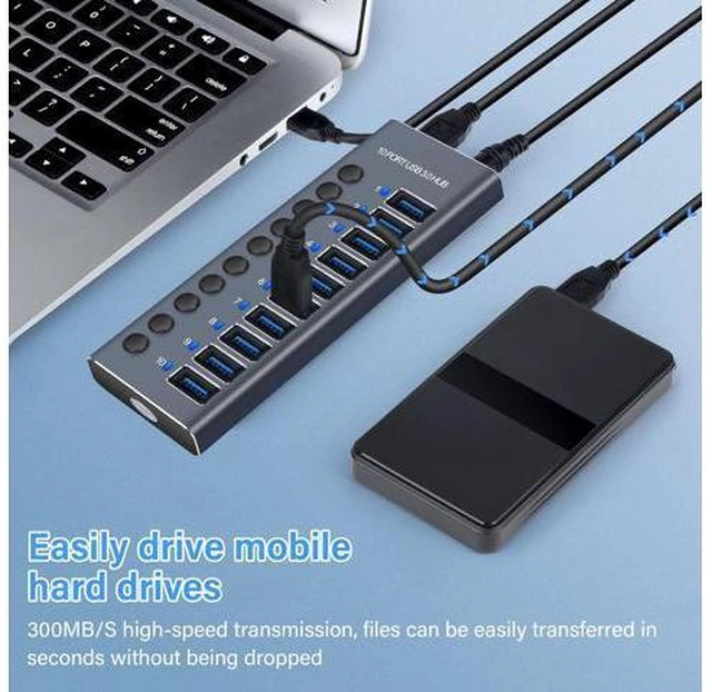 Alt view image 2 of 7 - Powered USB Hub, AUBEAMTO Aluminum 10-Port USB 3.0 Hub with 10 USB 3.0 Data Transfer Ports, USB Splitter with Individual Switch and 60W (12V/5A) Power Adapter for Laptop, PC, Computer, Mobile HDD