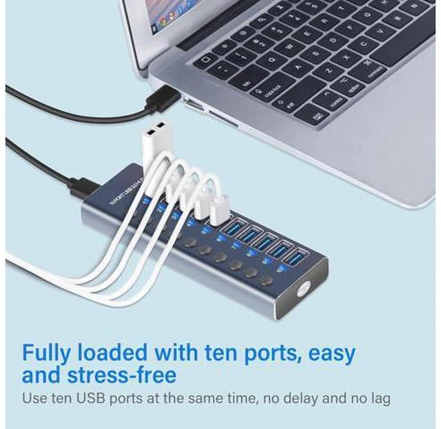 Alt view image 3 of 7 - Powered USB Hub, AUBEAMTO Aluminum 10-Port USB 3.0 Hub with 10 USB 3.0 Data Transfer Ports, USB Splitter with Individual Switch and 60W (12V/5A) Power Adapter for Laptop, PC, Computer, Mobile HDD
