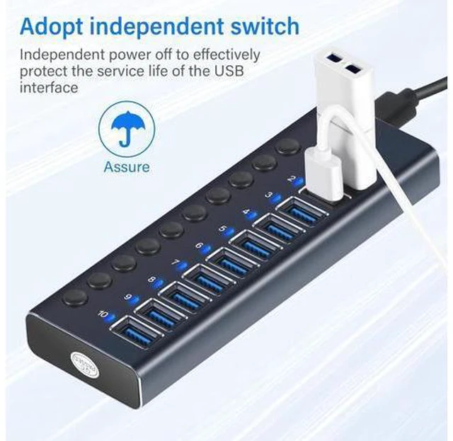 Alt view image 4 of 7 - Powered USB Hub, AUBEAMTO Aluminum 10-Port USB 3.0 Hub with 10 USB 3.0 Data Transfer Ports, USB Splitter with Individual Switch and 60W (12V/5A) Power Adapter for Laptop, PC, Computer, Mobile HDD