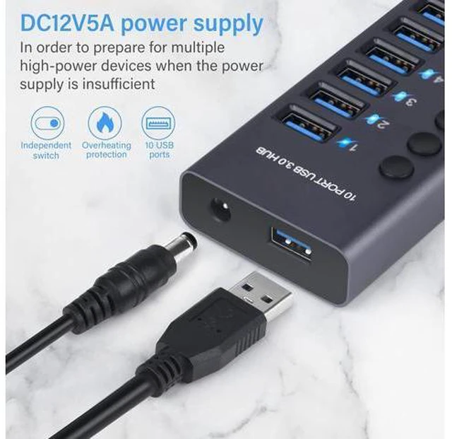 Alt view image 5 of 7 - Powered USB Hub, AUBEAMTO Aluminum 10-Port USB 3.0 Hub with 10 USB 3.0 Data Transfer Ports, USB Splitter with Individual Switch and 60W (12V/5A) Power Adapter for Laptop, PC, Computer, Mobile HDD