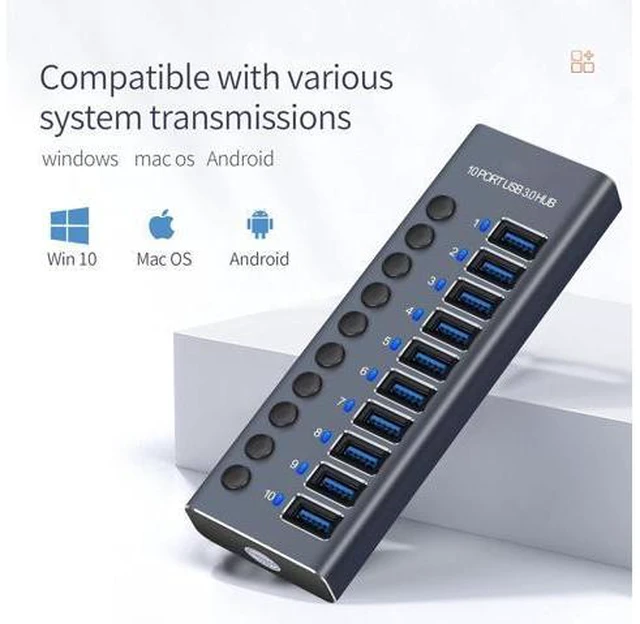 Alt view image 6 of 7 - Powered USB Hub, AUBEAMTO Aluminum 10-Port USB 3.0 Hub with 10 USB 3.0 Data Transfer Ports, USB Splitter with Individual Switch and 60W (12V/5A) Power Adapter for Laptop, PC, Computer, Mobile HDD