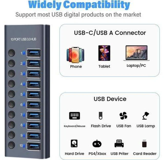 Alt view image 7 of 7 - Powered USB Hub, AUBEAMTO Aluminum 10-Port USB 3.0 Hub with 10 USB 3.0 Data Transfer Ports, USB Splitter with Individual Switch and 60W (12V/5A) Power Adapter for Laptop, PC, Computer, Mobile HDD