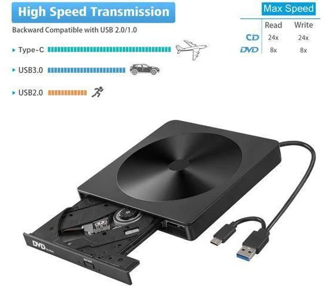 Alt view image 2 of 7 - External CD DVD Drive, Portable High-Speed USB-C & USB 3.0 CD Burner/DVD Reader Writer for Windows Linux Mac Laptop Desktop, MacBook Pro/Air, iMac (USB Type C & USB 3.0)