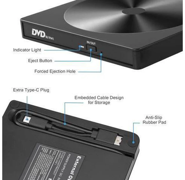 Alt view image 4 of 7 - External CD DVD Drive, Portable High-Speed USB-C & USB 3.0 CD Burner/DVD Reader Writer for Windows Linux Mac Laptop Desktop, MacBook Pro/Air, iMac (USB Type C & USB 3.0)