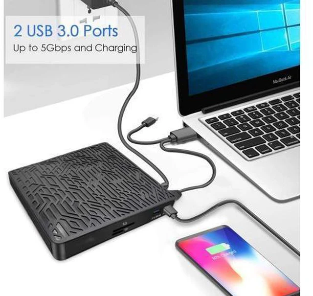 Alt view image 2 of 7 - External CD DVD Drive, 2-Port Hub USB 3.0 with Type-C SD/TF Card Reader CD/DVD +/-Rw Drive ROM Rewriter DVD Burner for Laptop Desktop MacBook Mac OS Windows 10 8 7 XP Vista (Black)