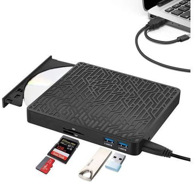 Main image of External CD DVD Drive, 2-Port Hub USB 3.0 with Type-C SD/TF Card Reader CD/DVD +/-Rw Drive ROM Rewriter DVD Burner for Laptop Desktop MacBook Mac OS Windows 10 8 7 XP Vista (Black)