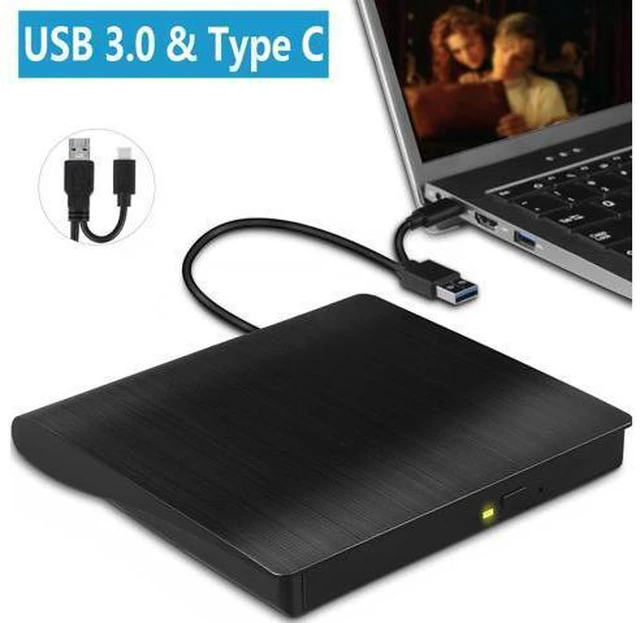 Main image of External CD DVD Drive, USB 3.0 & Type-C CD Burner Portable CD DVD +/-RW Optical Drive Slim CD DVD ROM Rewriter CD/DVD Player Writer Reader for Laptop Desktop Mac-Book PC Windows Linux Mac OS (Black)
