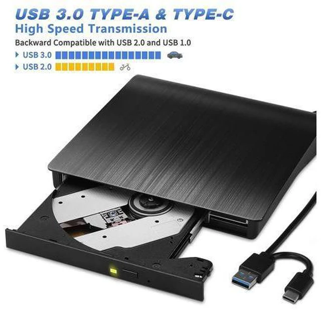 Alt view image 2 of 7 - External CD DVD Drive, USB 3.0 & Type-C CD Burner Portable CD DVD +/-RW Optical Drive Slim CD DVD ROM Rewriter CD/DVD Player Writer Reader for Laptop Desktop Mac-Book PC Windows Linux Mac OS (Black)