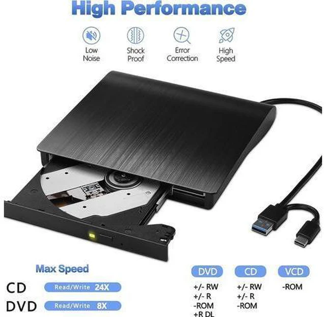 Alt view image 5 of 7 - External CD DVD Drive, USB 3.0 & Type-C CD Burner Portable CD DVD +/-RW Optical Drive Slim CD DVD ROM Rewriter CD/DVD Player Writer Reader for Laptop Desktop Mac-Book PC Windows Linux Mac OS (Black)