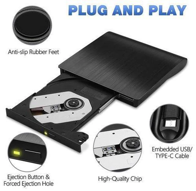 Alt view image 4 of 7 - External CD DVD Drive, USB 3.0 & Type-C CD Burner Portable CD DVD +/-RW Optical Drive Slim CD DVD ROM Rewriter CD/DVD Player Writer Reader for Laptop Desktop Mac-Book PC Windows Linux Mac OS (Black)