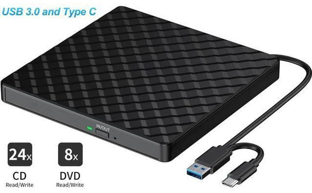 Main image of External CD/DVD Drive for Laptop, USB 3.0 & Type C CD DVD +/-RW Drive Burner DVD Player, External CD ROM Reader Writer Optical Drive Compatible with Laptop PC Mac MacBook Windows 11/10/8.1/7 Linux
