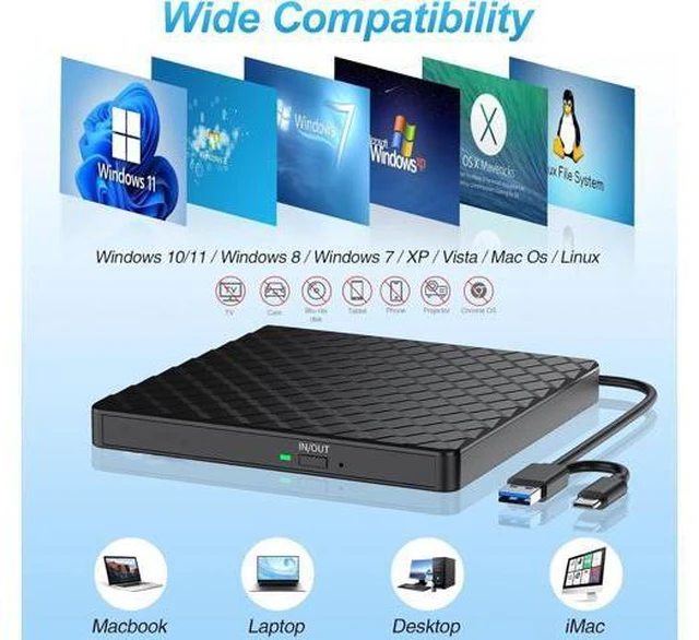 Alt view image 2 of 7 - External CD/DVD Drive for Laptop, USB 3.0 & Type C CD DVD +/-RW Drive Burner DVD Player, External CD ROM Reader Writer Optical Drive Compatible with Laptop PC Mac MacBook Windows 11/10/8.1/7 Linux