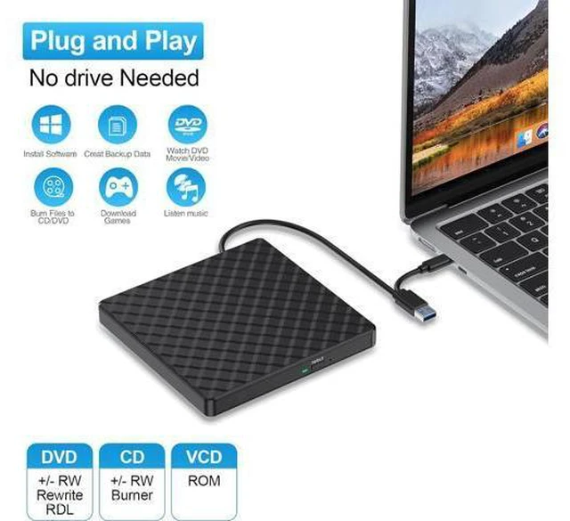 Alt view image 3 of 7 - External CD/DVD Drive for Laptop, USB 3.0 & Type C CD DVD +/-RW Drive Burner DVD Player, External CD ROM Reader Writer Optical Drive Compatible with Laptop PC Mac MacBook Windows 11/10/8.1/7 Linux