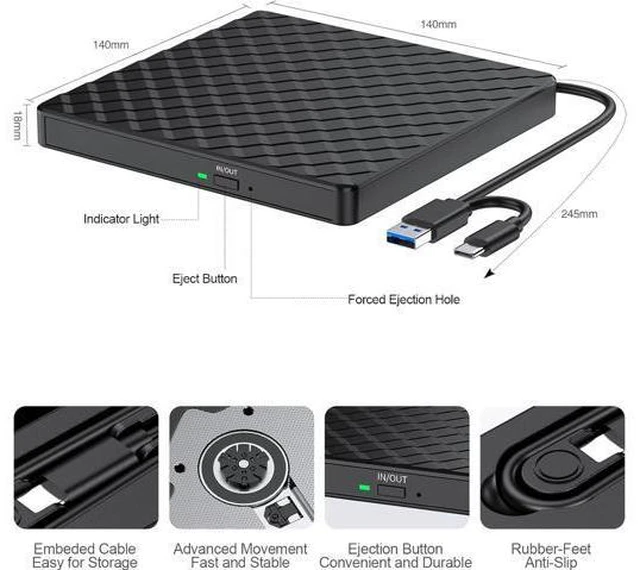 Alt view image 4 of 7 - External CD/DVD Drive for Laptop, USB 3.0 & Type C CD DVD +/-RW Drive Burner DVD Player, External CD ROM Reader Writer Optical Drive Compatible with Laptop PC Mac MacBook Windows 11/10/8.1/7 Linux