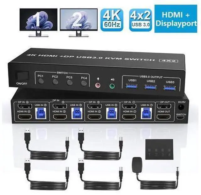 Main image of AUTYUE 4K@60Hz Displayport + HDMI Dual Monitor KVM Switch 4PCs, USB 3.0 KVM Switch 2 Monitors 4 Computers, with Audio Microphone Output and 3 USB 3.0 Ports, HDMI+DP Monitor Switch for 4 PCs 2 Monitors