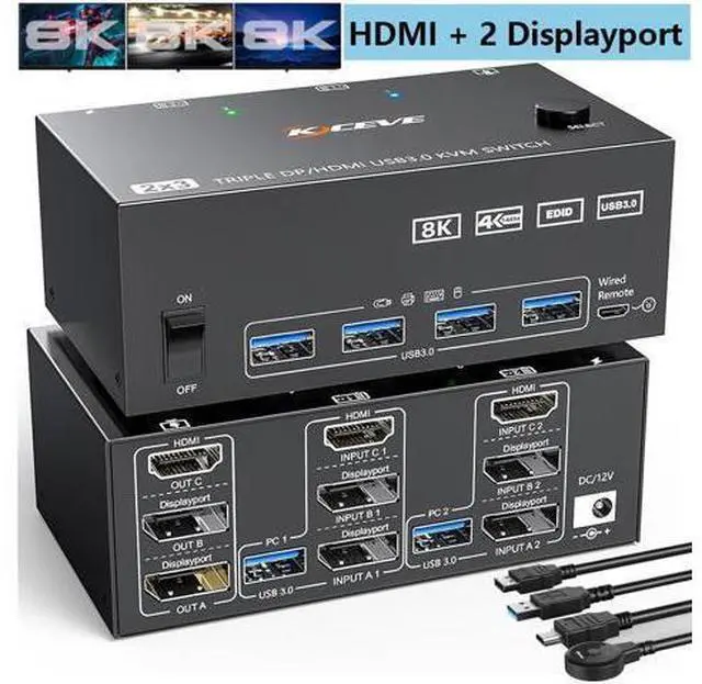Main image of HDMI + 2 DP KVM Switch 3 Monitor 2 Computers 8K@60Hz 4K@144Hz, HDMI+2 Displayport Triple Monitor KVM Switch for 2 PCs 3 Monitors with 4 USB 3.0 Ports, Wired Remote Control and 5 cables included