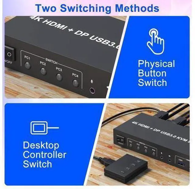 Alt view image 7 of 7 - AUTYUE 4K@60Hz Displayport + HDMI Dual Monitor KVM Switch 4PCs, USB 3.0 KVM Switch 2 Monitors 4 Computers, with Audio Microphone Output and 3 USB 3.0 Ports, HDMI+DP Monitor Switch for 4 PCs 2 Monitors