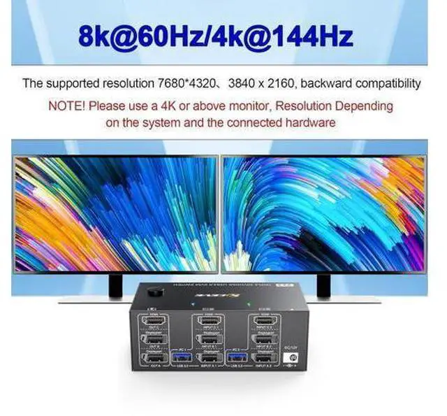 Alt view image 2 of 7 - HDMI + 2 DP KVM Switch 3 Monitor 2 Computers 8K@60Hz 4K@144Hz, HDMI+2 Displayport Triple Monitor KVM Switch for 2 PCs 3 Monitors with 4 USB 3.0 Ports, Wired Remote Control and 5 cables included