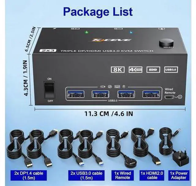 Alt view image 7 of 7 - HDMI + 2 DP KVM Switch 3 Monitor 2 Computers 8K@60Hz 4K@144Hz, HDMI+2 Displayport Triple Monitor KVM Switch for 2 PCs 3 Monitors with 4 USB 3.0 Ports, Wired Remote Control and 5 cables included