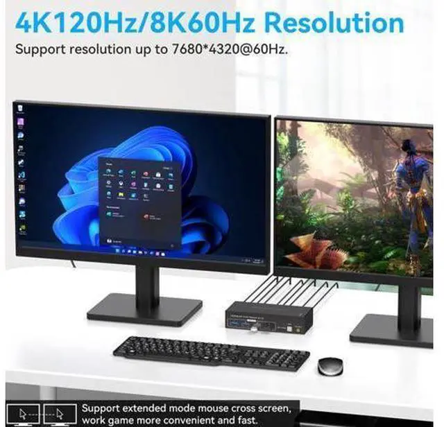 Alt view image 3 of 7 - 2 Port Dual Monitor DisplayPort HDMI KVM Switch 8K @60Hz, 4K @120Hz, USB 3.0 DP+HDMI KVM Switcher 2 in 2 Out for 2 Computers 2 Monitors with 4 Ports USB 3.0 Support Copy and Extended Display