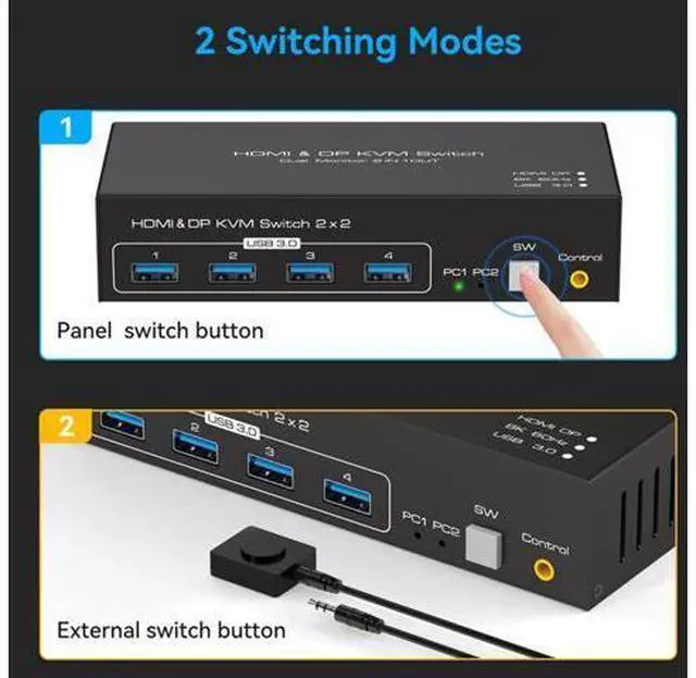 Alt view image 6 of 7 - 2 Port Dual Monitor DisplayPort HDMI KVM Switch 8K @60Hz, 4K @120Hz, USB 3.0 DP+HDMI KVM Switcher 2 in 2 Out for 2 Computers 2 Monitors with 4 Ports USB 3.0 Support Copy and Extended Display