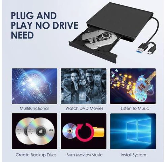 Alt view image 2 of 7 - AUBEAMTO External CD/DVD Drive for Laptop in black , USB 3.0 & Type-C CD Burner, Portable DVD Player, Slim External Optical Drive Compatible with Windows, Mac, Linux OS (2 in 1 USB A&C)