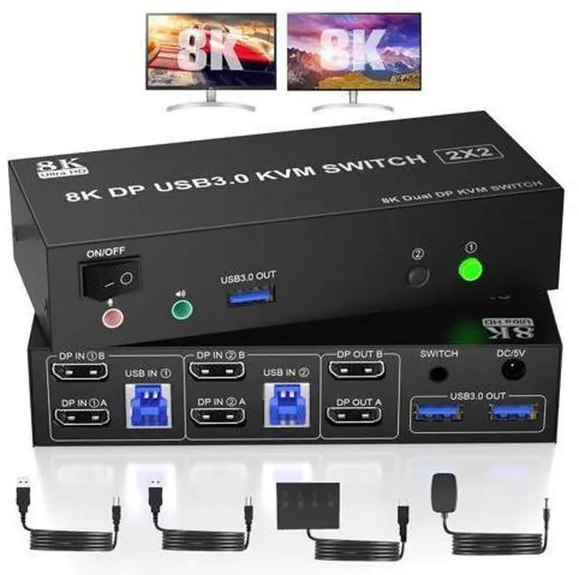 Main image of AUTYUE Displayport KVM Switch Dual Monitor 8K@60Hz/4K@144Hz, DP 1.4 USB 3.0 KVM Switcher for 2 Computers Share 2 Monitors and 3 USB Devices with Audio Microphone, Support Extended & Mirror Mode