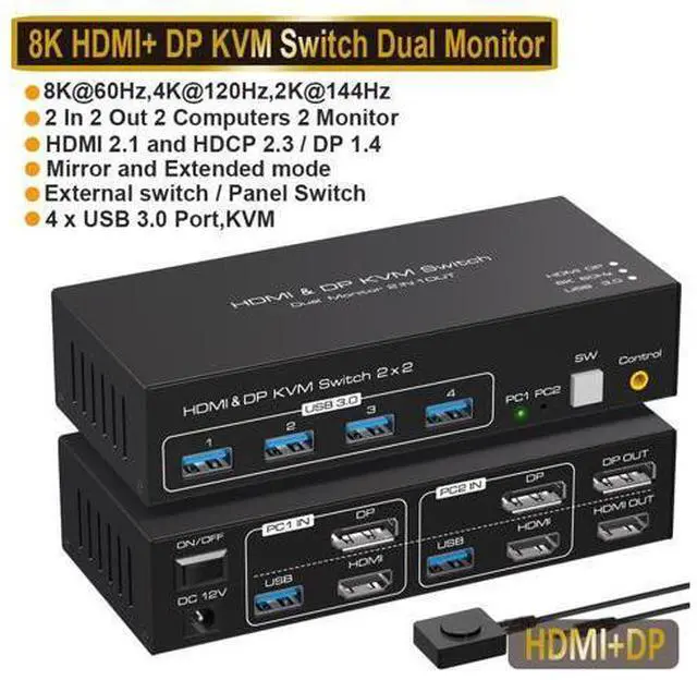 Alt view image 7 of 7 - 2 Port Dual Monitor DisplayPort HDMI KVM Switch 8K @60Hz, 4K @120Hz, USB 3.0 DP+HDMI KVM Switcher 2 in 2 Out for 2 Computers 2 Monitors with 4 Ports USB 3.0 Support Copy and Extended Display