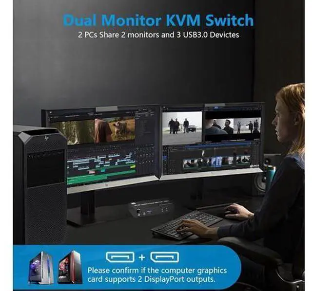 Alt view image 3 of 7 - AUTYUE Displayport KVM Switch Dual Monitor 8K@60Hz/4K@144Hz, DP 1.4 USB 3.0 KVM Switcher for 2 Computers Share 2 Monitors and 3 USB Devices with Audio Microphone, Support Extended & Mirror Mode