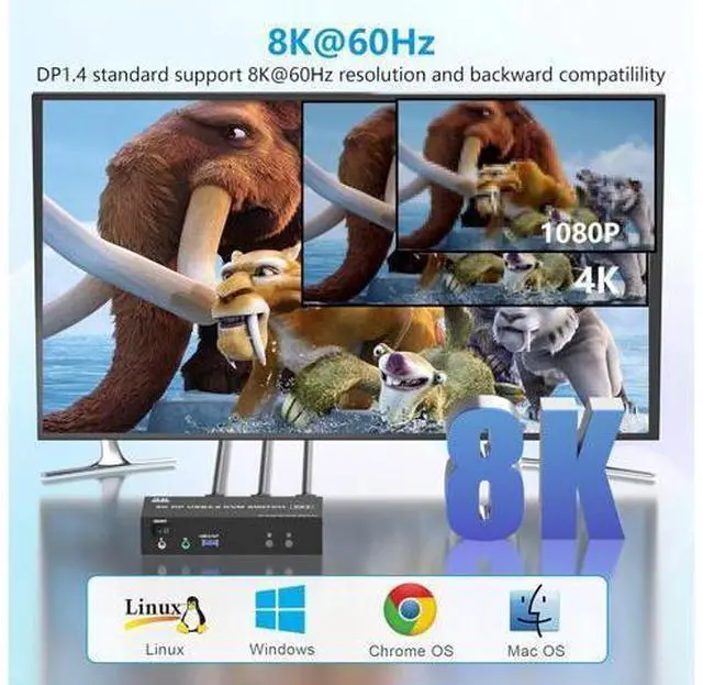 Alt view image 4 of 7 - AUTYUE Displayport KVM Switch Dual Monitor 8K@60Hz/4K@144Hz, DP 1.4 USB 3.0 KVM Switcher for 2 Computers Share 2 Monitors and 3 USB Devices with Audio Microphone, Support Extended & Mirror Mode