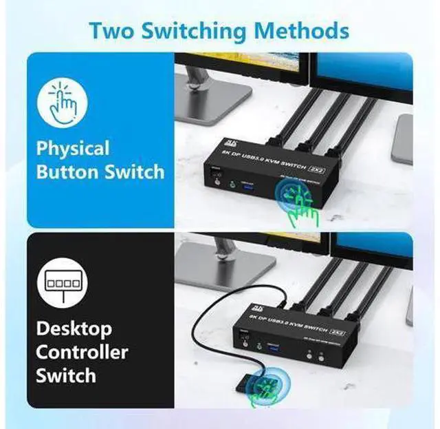 Alt view image 6 of 7 - AUTYUE Displayport KVM Switch Dual Monitor 8K@60Hz/4K@144Hz, DP 1.4 USB 3.0 KVM Switcher for 2 Computers Share 2 Monitors and 3 USB Devices with Audio Microphone, Support Extended & Mirror Mode