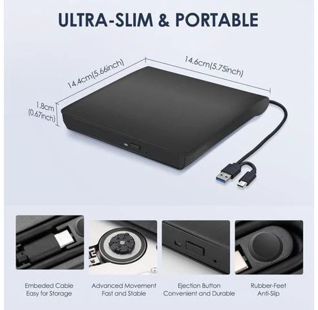Alt view image 6 of 7 - AUBEAMTO External CD/DVD Drive for Laptop in black , USB 3.0 & Type-C CD Burner, Portable DVD Player, Slim External Optical Drive Compatible with Windows, Mac, Linux OS (2 in 1 USB A&C)