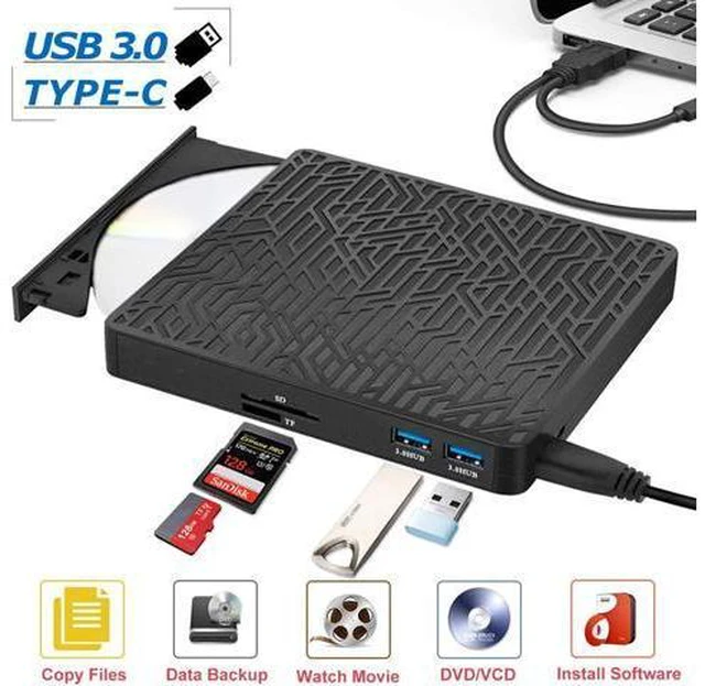 Main image of External CD DVD Drive, 2-Port Hub USB 3.0 with Type-C SD/TF Card Reader CD/DVD +/-Rw Drive ROM Rewriter Burner for Laptop Desktop MacBook Mac OS Windows 10 8 7 XP Vista