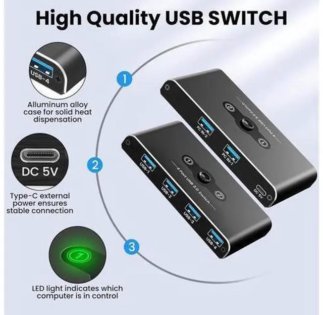 Alt view image 6 of 7 - IHDAPP 4 Port USB 3.0 Switch, USB 3.0 Switch 2 Computers Sharing 4 USB Devices, 5Gbps High-speed, 2 in 4 out USB Switcher Selector for Mouse, Keyboard, Scanner, Printer with 2 pcs USB 3.0 Cable A to A