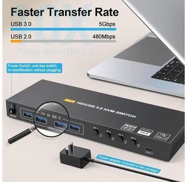 Alt view image 6 of 7 - AUTYUE USB 3.0 KVM Switch HDMI 4K@60Hz/2K@120Hz, with EDID, 4 Port HDMI KVM Switch for 4 Computer Share 1 Monitor and 4 USB 3.0 Devices, Wired Remote and USB Cables Included giyqxHw
