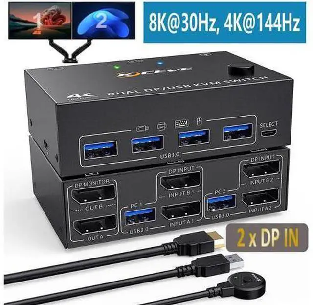 Main image of Dual Monitor Displayport KVM Switch for 2 Computers 2 Monitors 8K@30Hz 4K@144Hz, Display Port DP1.4 USB 3.0 KVM Switches 2 in 2 Out with 4 USB 3.0 Ports , Wired Remote and 4 Cables Included