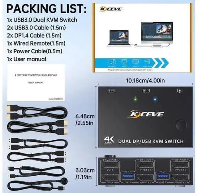 Alt view image 7 of 7 - Dual Monitor Displayport KVM Switch for 2 Computers 2 Monitors 8K@30Hz 4K@144Hz, Display Port DP1.4 USB 3.0 KVM Switches 2 in 2 Out with 4 USB 3.0 Ports , Wired Remote and 4 Cables Included